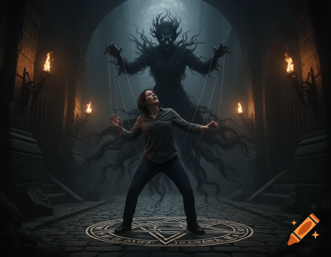 A woman stands on a glowing magic circle, controlled by puppet strings from a giant, shadowy, demonic figure with glowing eyes in a dark, torchlit dungeon.