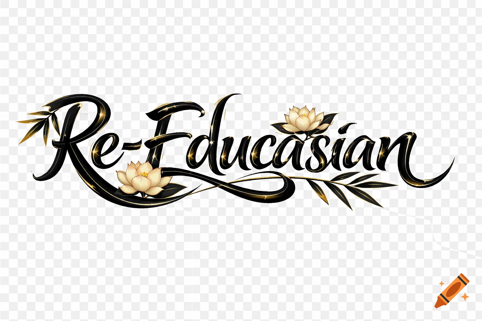 Artistic black and gold script reading 'Re-Educasian', adorned with lotus flowers and bamboo in an Asian style.
