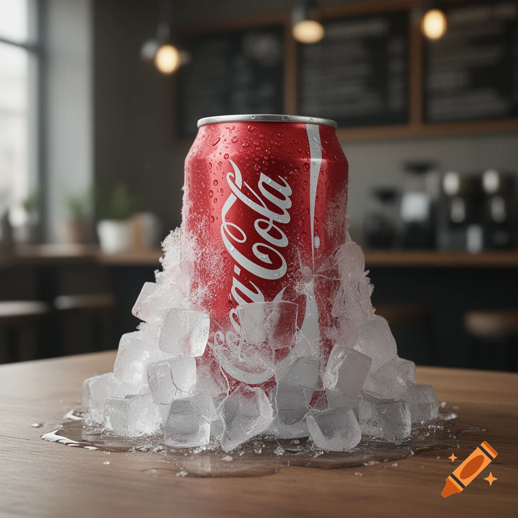 A photorealistic image of a red Coca-Cola can surrounded by melting ice cubes on a wooden table in a cafe.