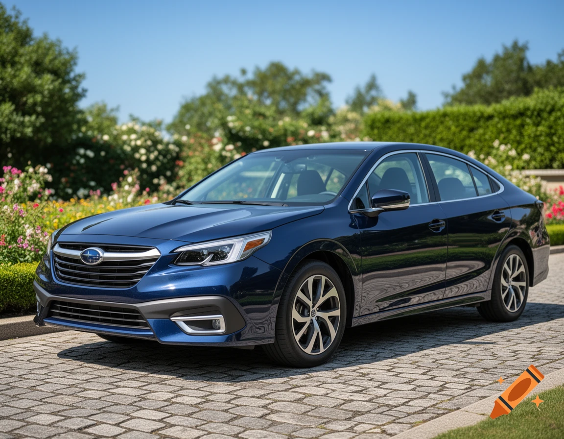 A dark blue Subaru Legacy sedan parked on a stone driveway in a garden setting on a sunny day.
