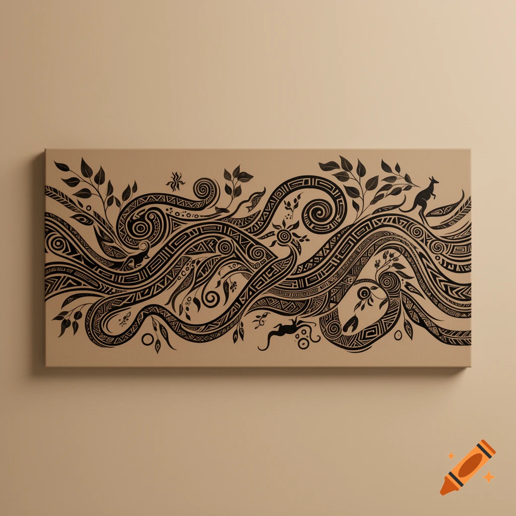 Black tribal design with a kangaroo, gecko, and swirling patterns on a beige canvas, displayed on a beige wall.