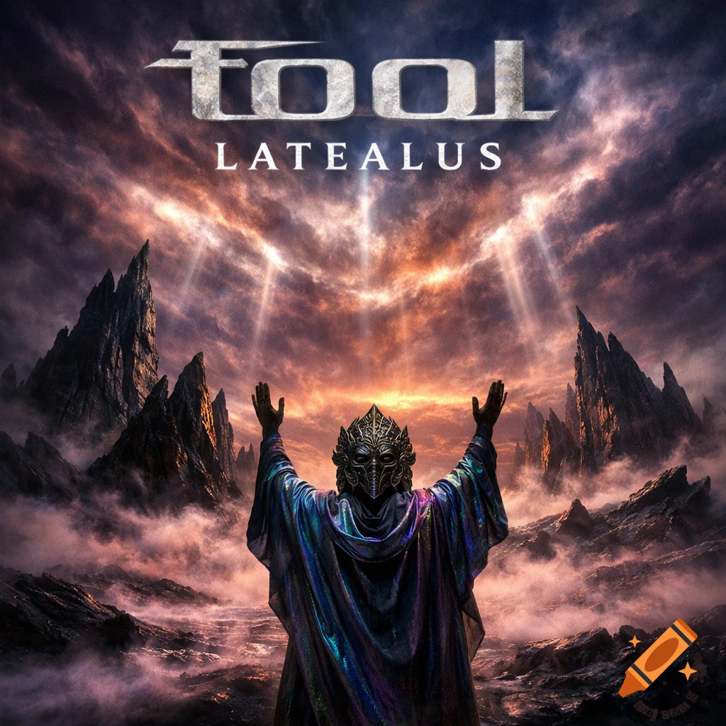 A masked figure in an iridescent cloak stands with raised arms before jagged mountains under a dramatic, cloudy sky with light rays. Text 'TOOL LATEALUS' is at the top.