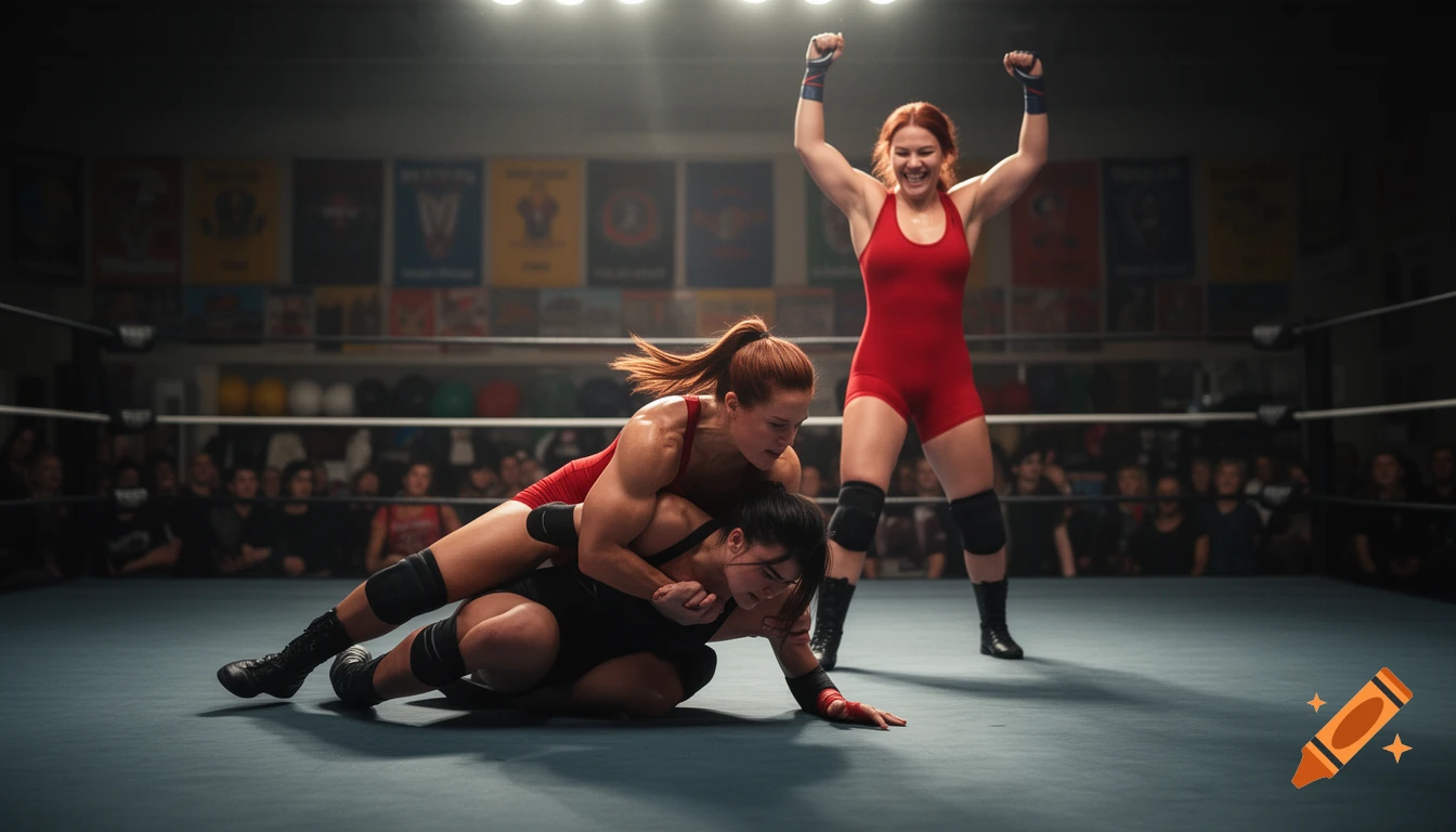Two women wrestlers in a ring, one pins another as a red-clad wrestler cheers with raised arms. Photorealistic.