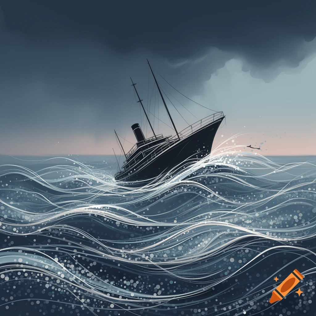 An illustration of a ship sinking in a dark, stormy sea, with waves emphasized by white lines and dots.