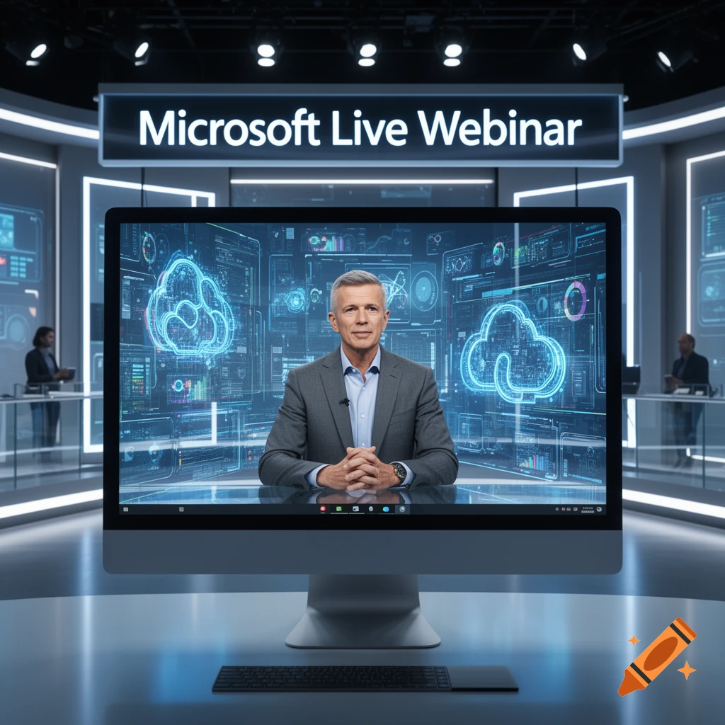 A man in a suit presents a 'Microsoft Live Webinar' on a large monitor in a modern studio with tech interfaces.