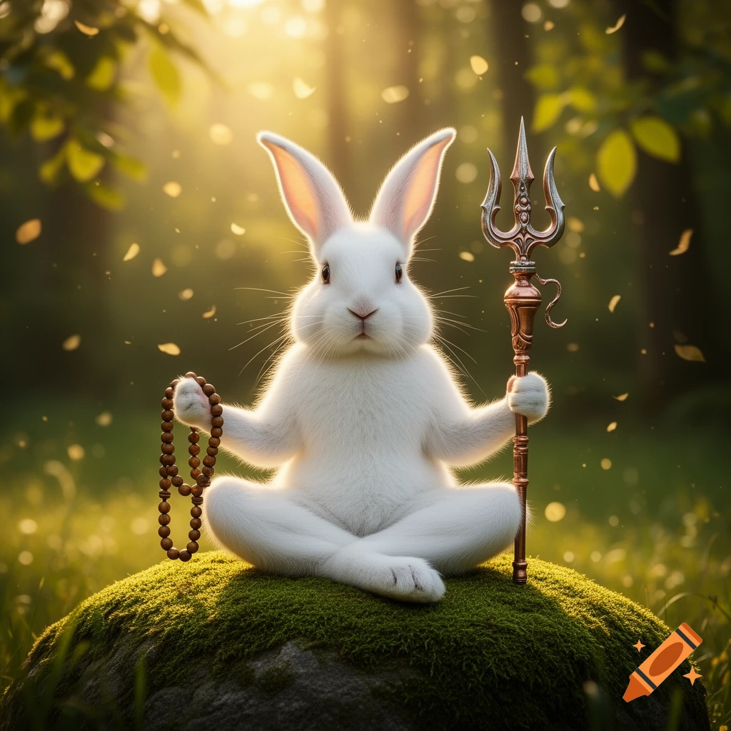 A white rabbit meditates in a lotus position on a mossy rock in a sunlit forest, holding prayer beads and a trident.