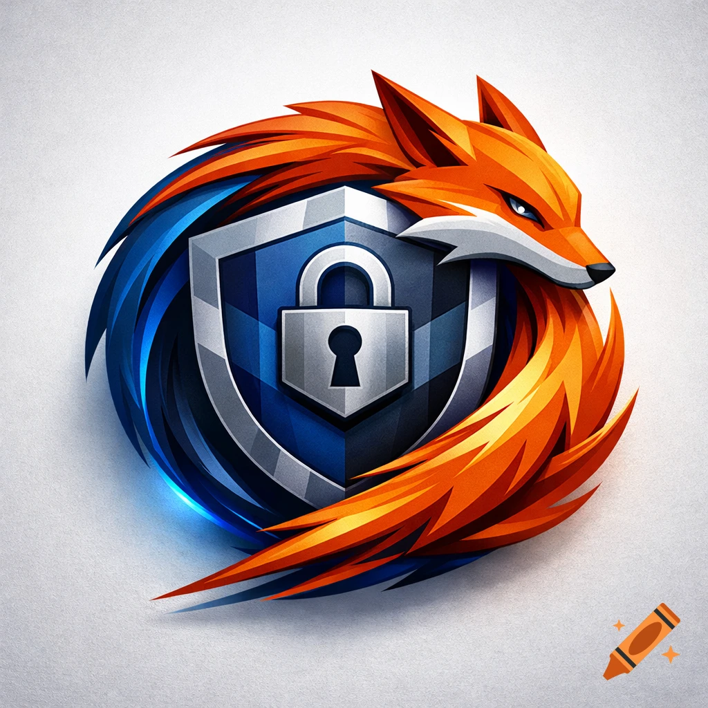 Stylized logo featuring an orange fox head wrapped around a blue and silver shield with a white padlock icon.