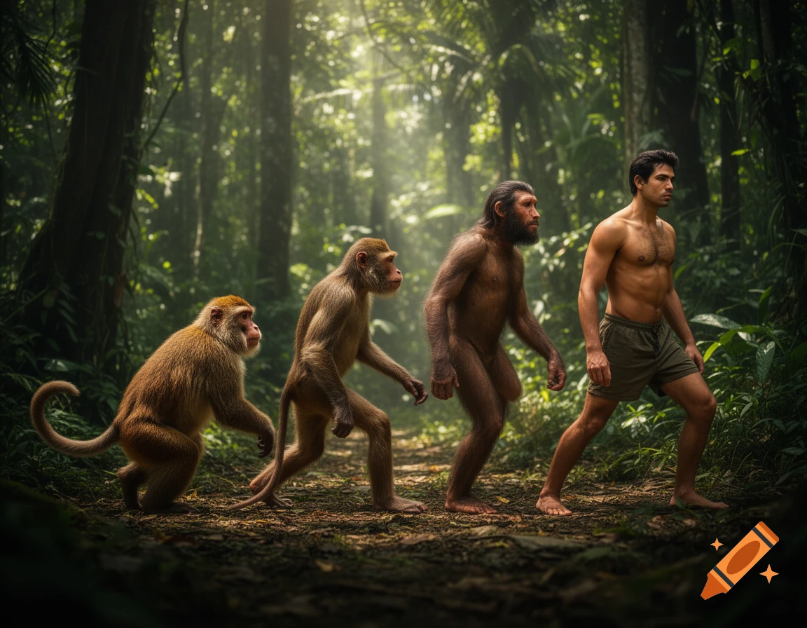 Photorealistic depiction of evolution, showing three primates progressing from monkey to a human male walking through a sunlit jungle.