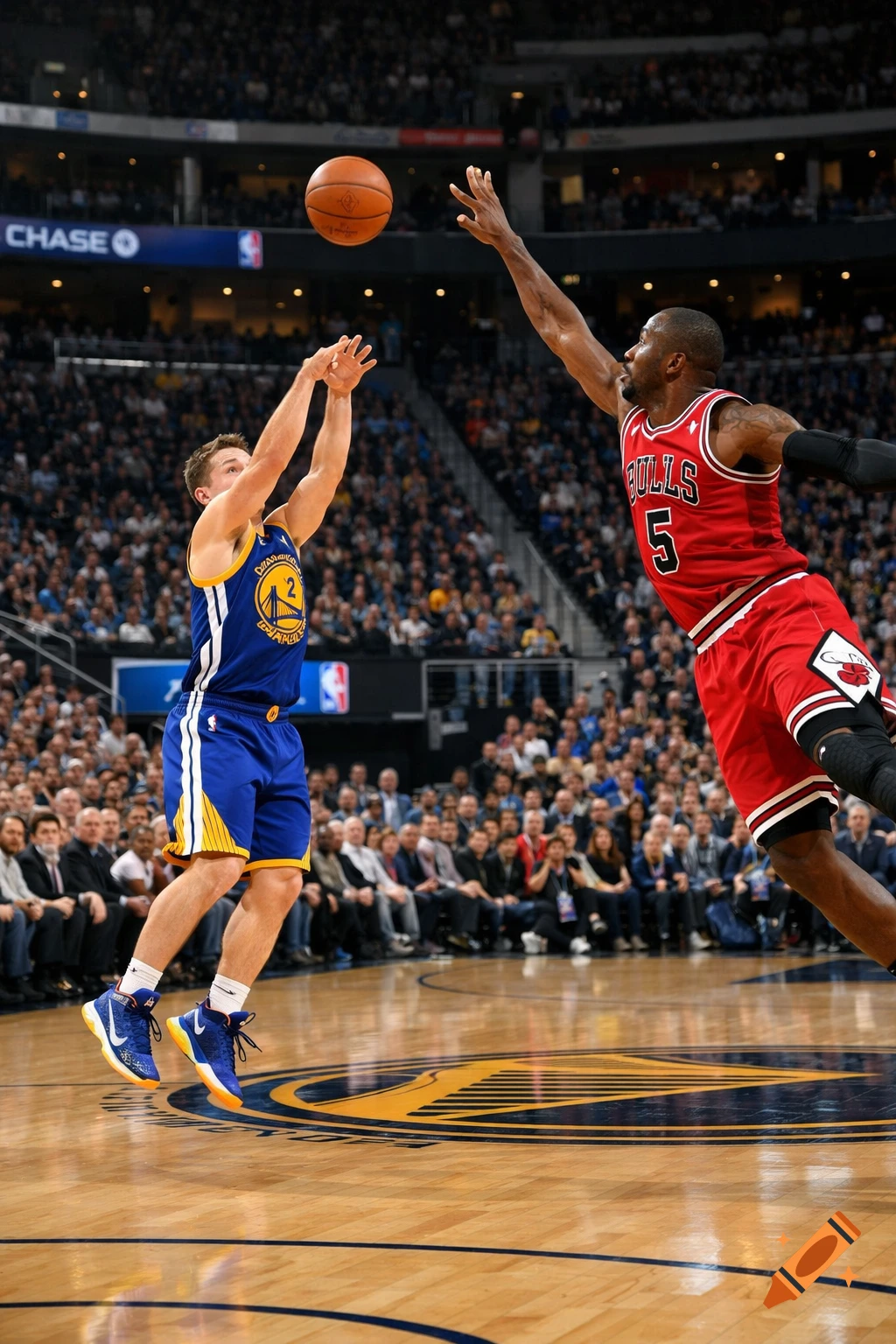 A white Golden State Warriors player shoots a basketball as a Chicago Bulls player attempts to block him in a crowded arena.