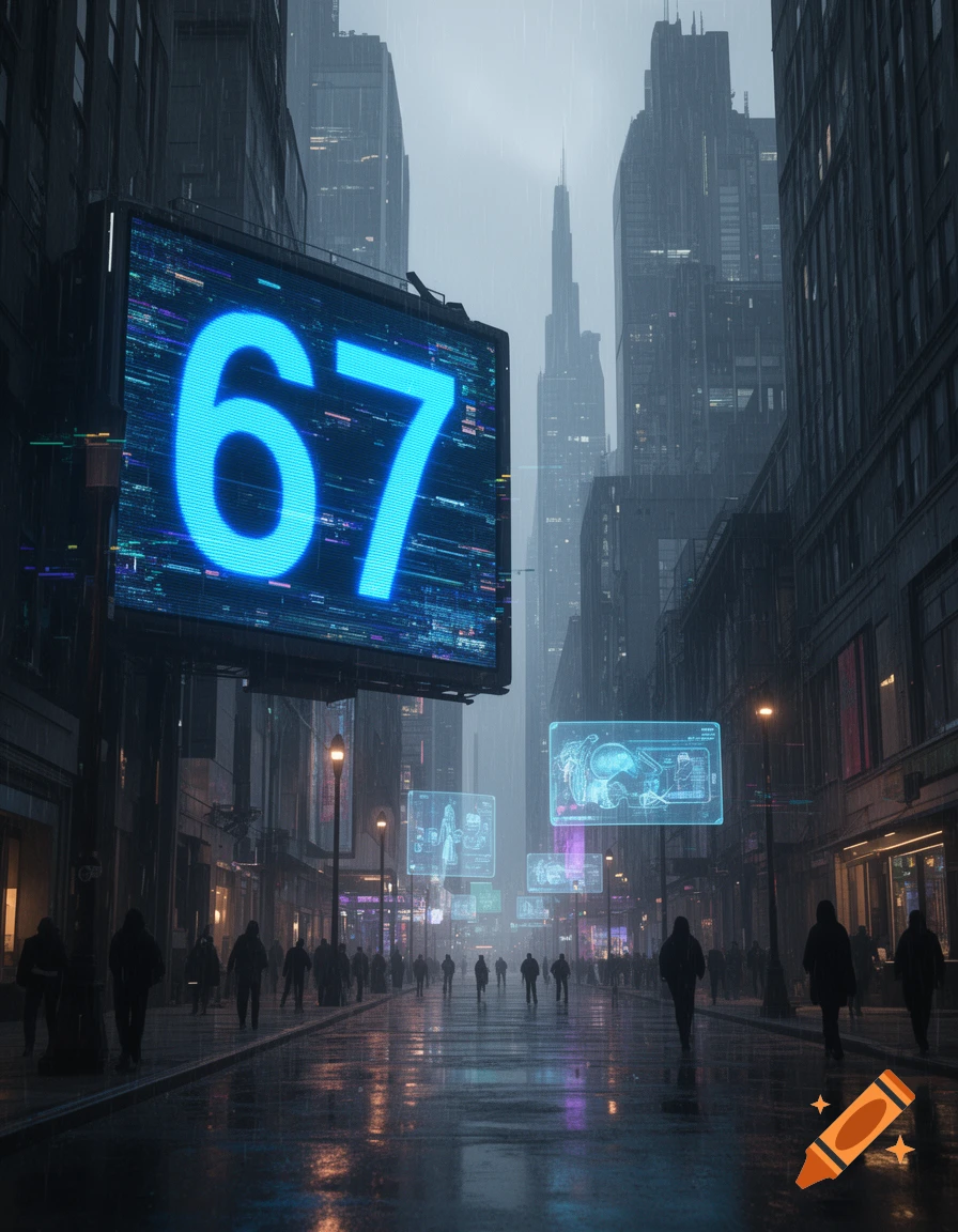 A dark, rainy futuristic city street with towering buildings, people walking, and a large glowing '67' on a digital billboard.