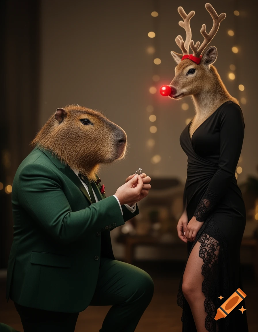 A photorealistic capybara in a green suit proposes to a red-nosed reindeer in a black dress, with festive lights in the background.