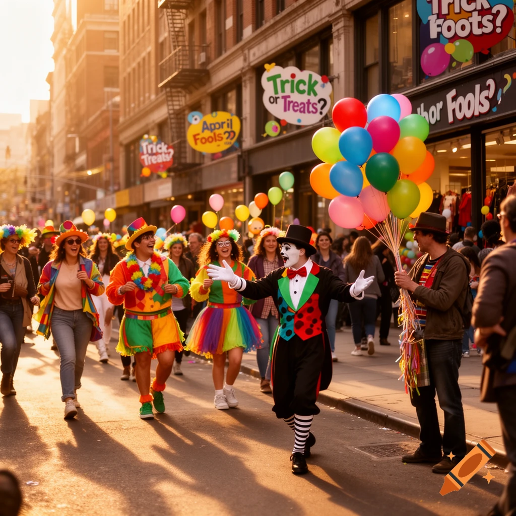 A vibrant street festival at sunset, with people in colorful costumes and a mime holding balloons. Buildings with signs line the sunny street.
