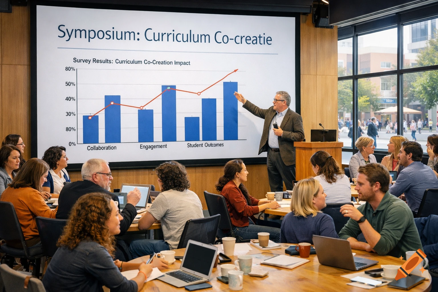 A man in a brown jacket presents a bar graph on a large screen to an audience in a bright conference room, with text like "Symposium: Curriculum Co-creatie" visible.
