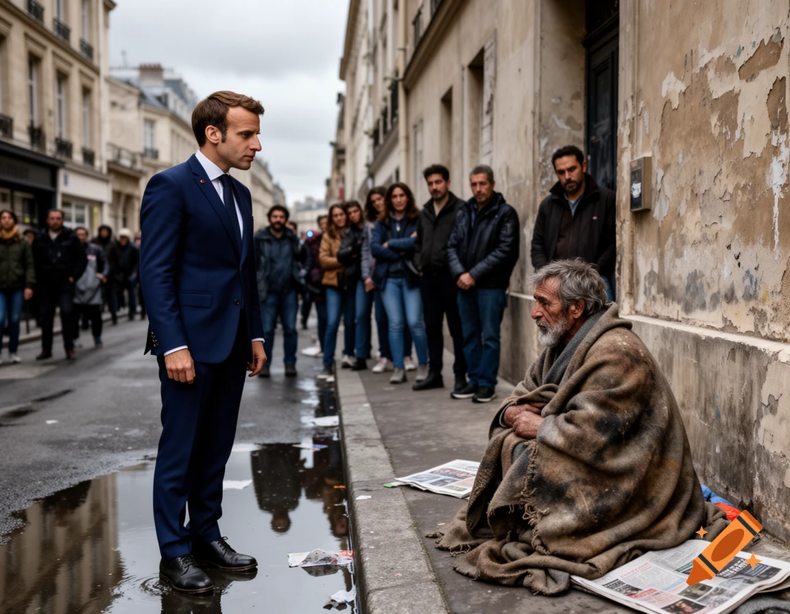 A man resembling Emmanuel Macron in a blue suit stands in a city street puddle, looking at an old homeless man wrapped in a blanket, sitting on the sidewalk with newspapers.