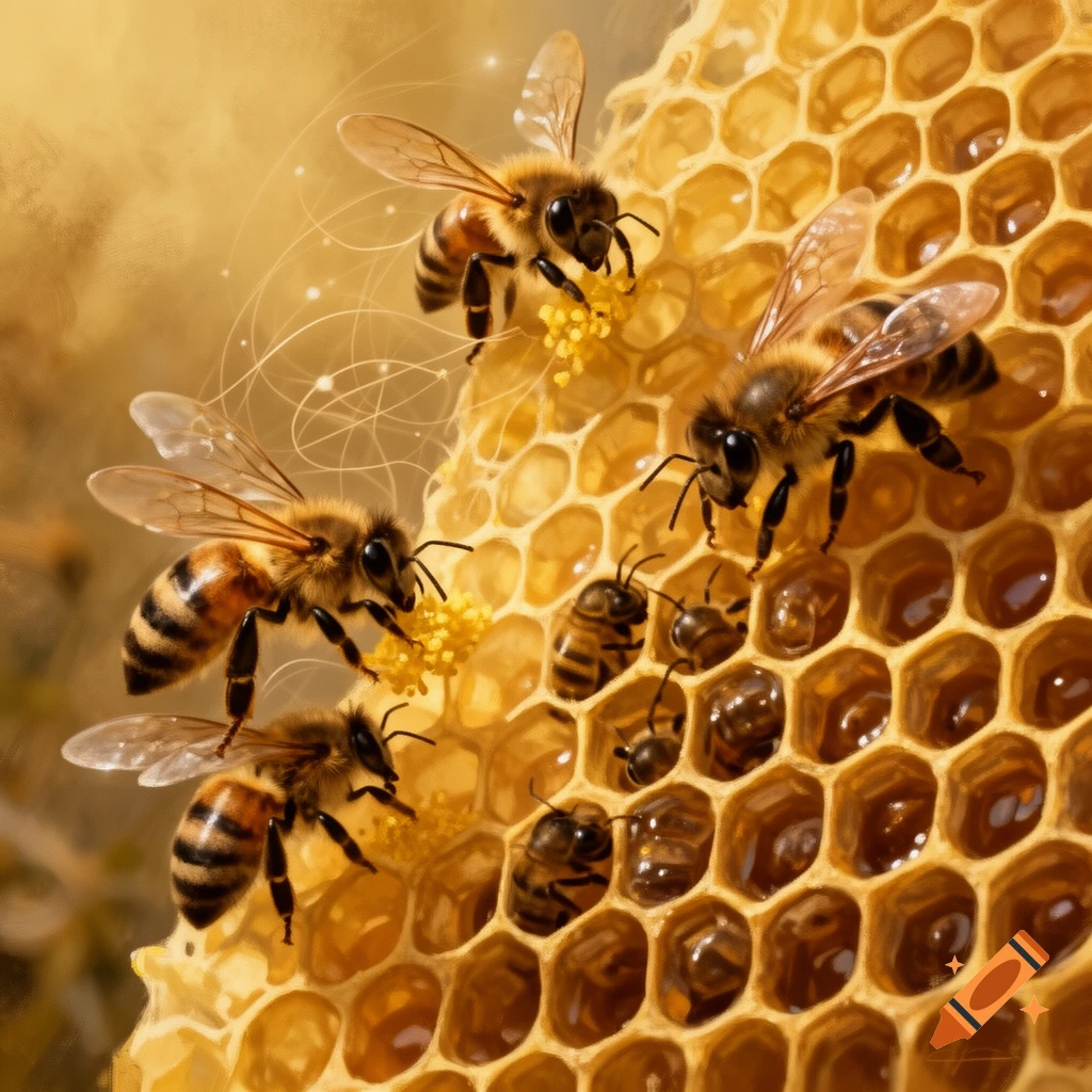 Close-up of honey bees working on a golden honeycomb, collecting nectar and tending cells, with warm natural lighting.