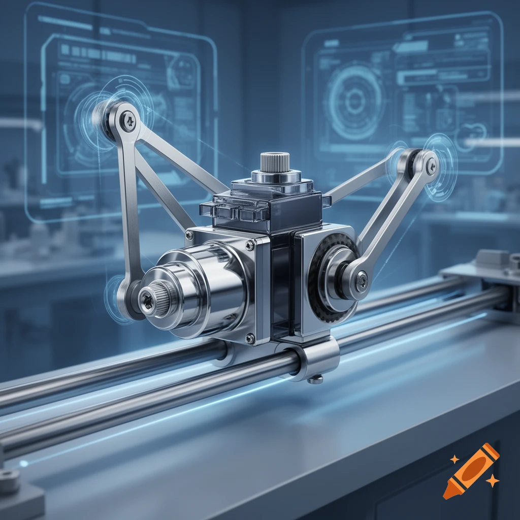 A detailed metallic mechanism with gears and articulated arms on a rail, against a blurred background with glowing blue holographic displays.