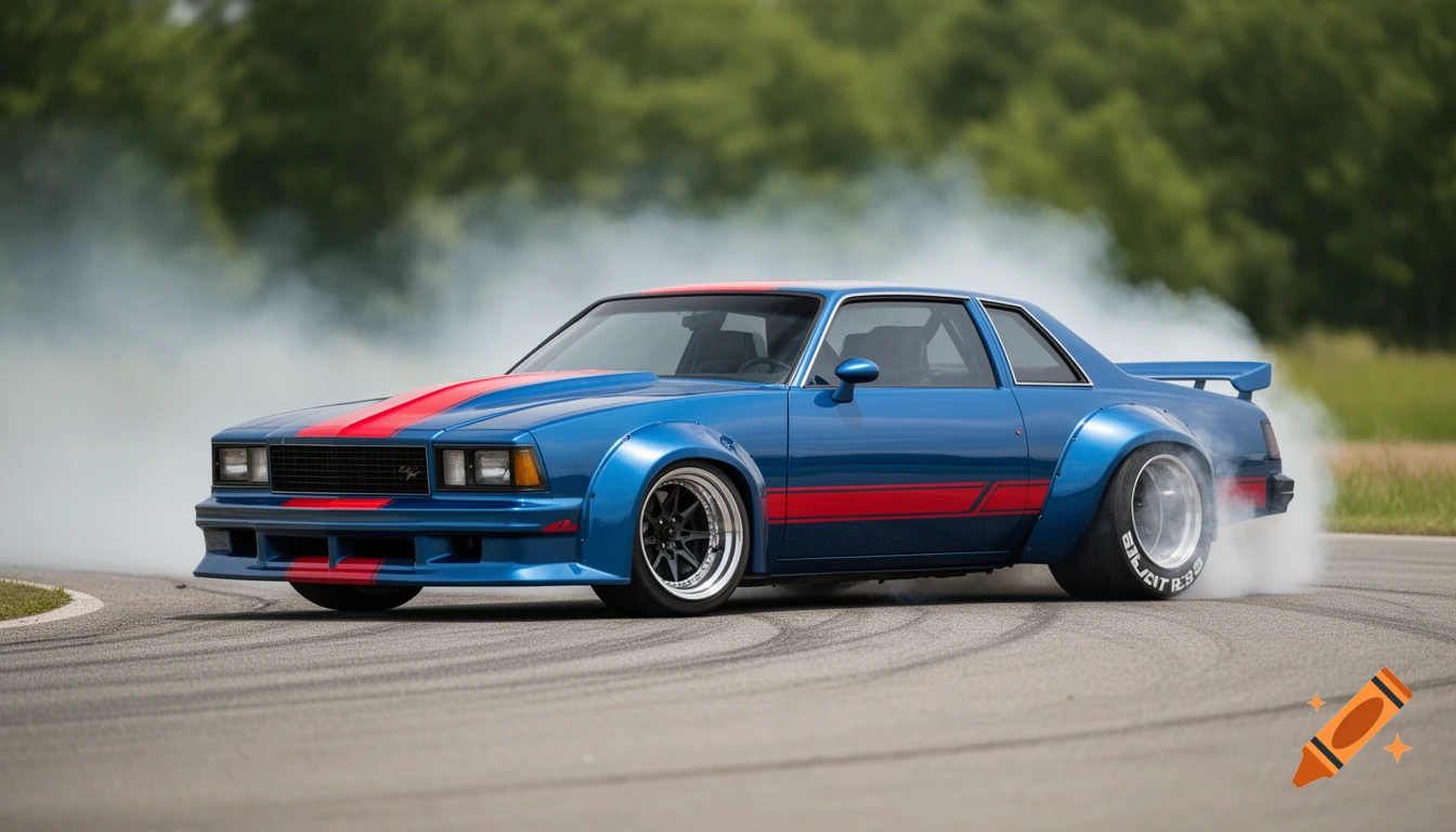 A blue 1980 Chevy Malibu drift car with red stripes doing a smoking burnout on a track.