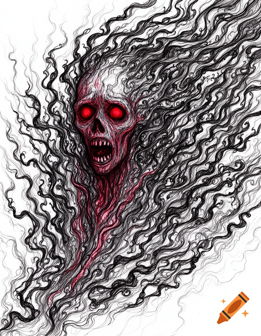 Intricate ink drawing of a screaming, red-eyed skull-like ghost with flowing black tendrils on a white background.