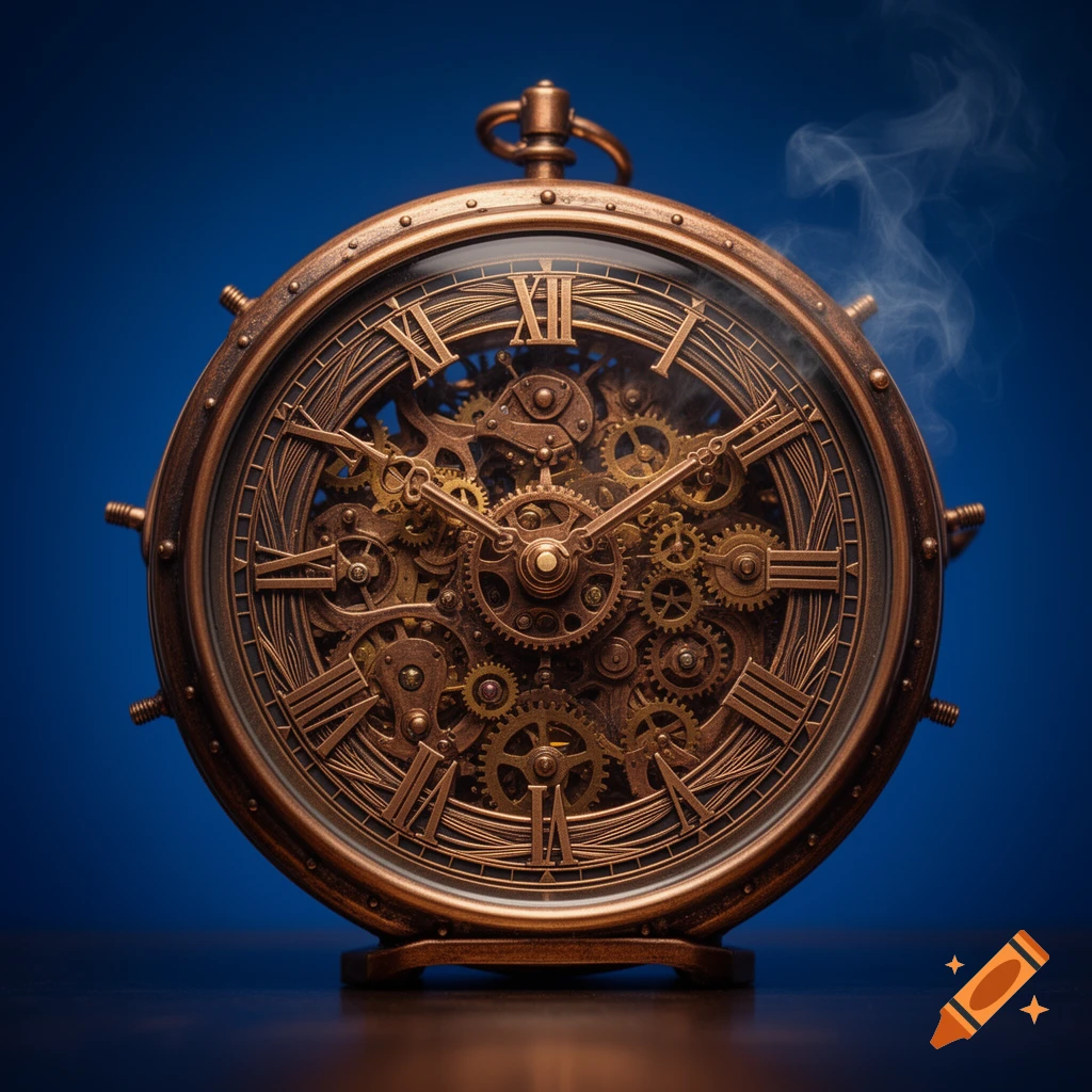 Detailed steampunk clock with visible gears and Roman numerals, emitting smoke, against a blue background.