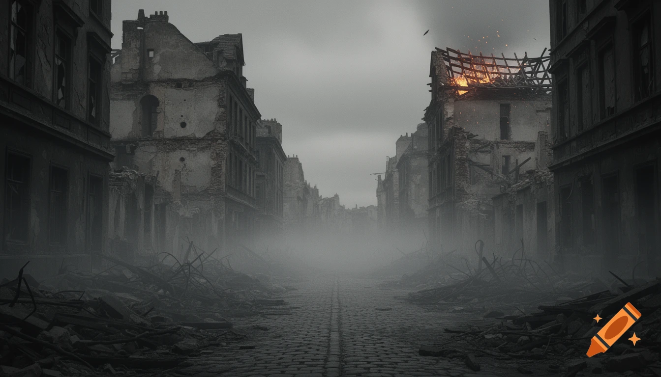Photorealistic destroyed city street with ruined buildings, a burning structure, rubble, and heavy fog under a dark sky.