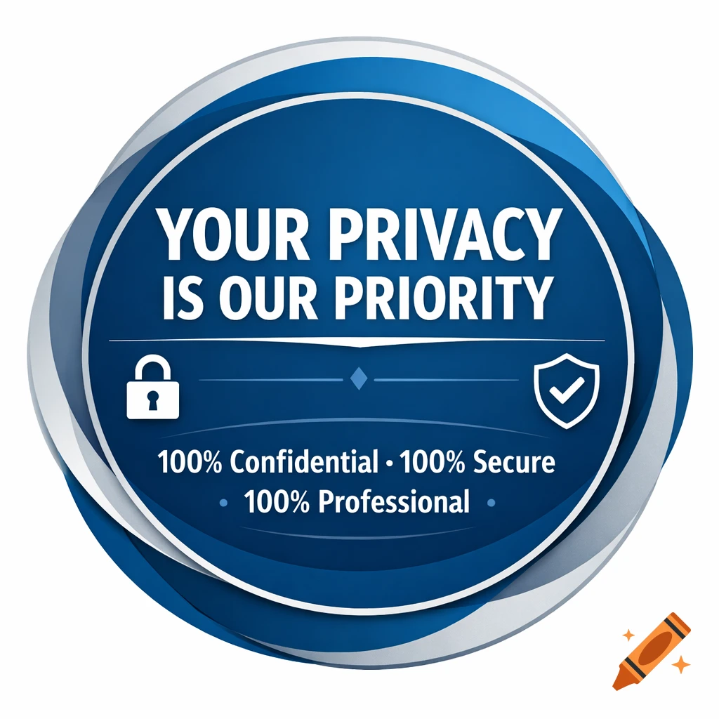 A blue and white circular emblem with text 'YOUR PRIVACY IS OUR PRIORITY' and icons for lock and shield, stating '100% Confidential " 100% Secure 100% Professional'.