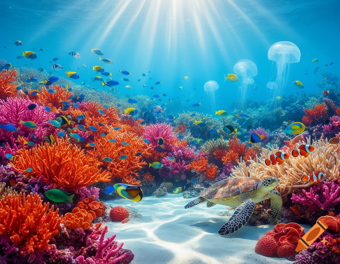 A vibrant, photorealistic underwater scene features a sea turtle, clownfish, jellyfish, and colorful reef fish swimming among vivid coral.