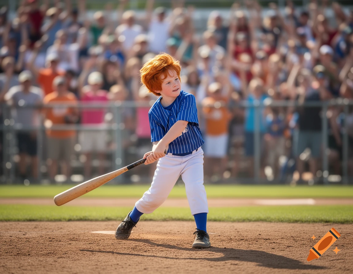 A young ginger boy in a blue and white pinstriped uniform bats on a baseball field with a blurred crowd in the background.