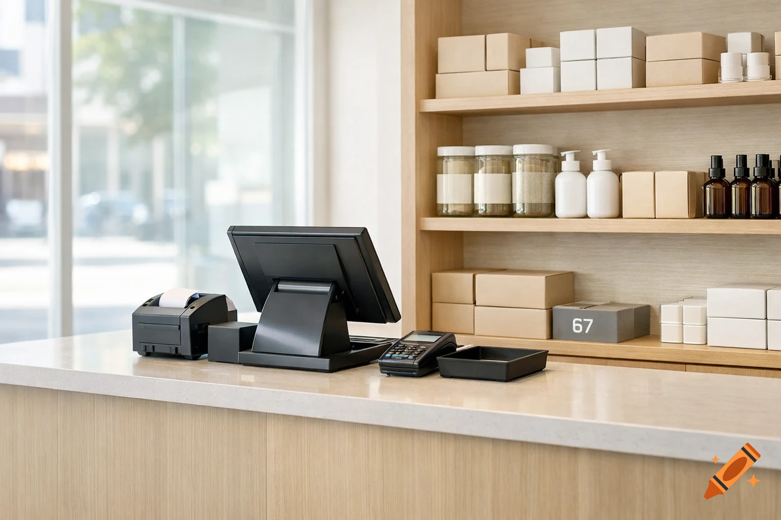 A clean, modern retail checkout counter with a cash register, card reader, and shelves displaying unbranded products, photorealistic style.