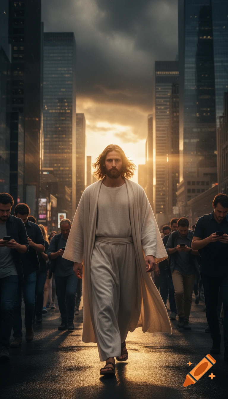 Jesus Christ walks through a modern city street at sunset, looking forward, as people around him are engrossed in their phones.