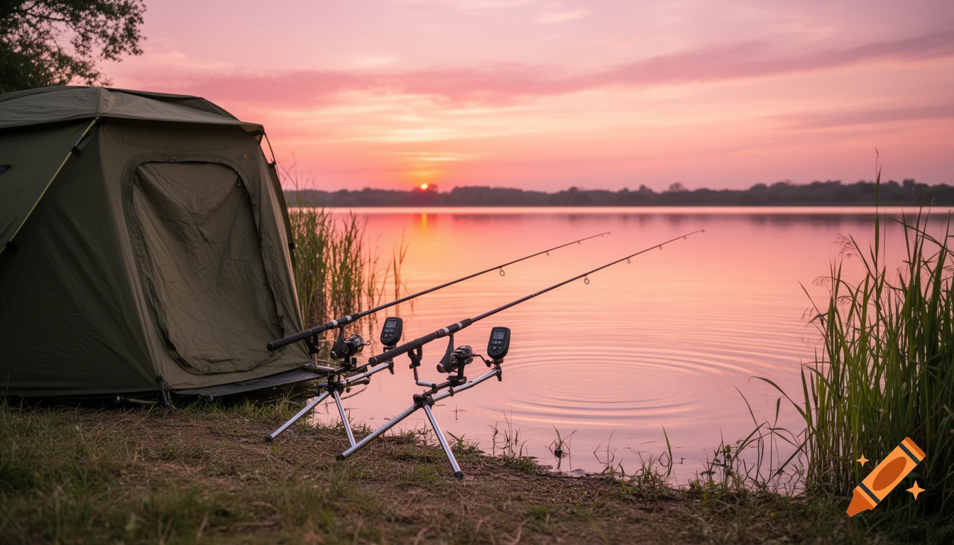 Two fishing rods on a rod pod next to a green tent by a lake at sunset, with reeds on the shore.