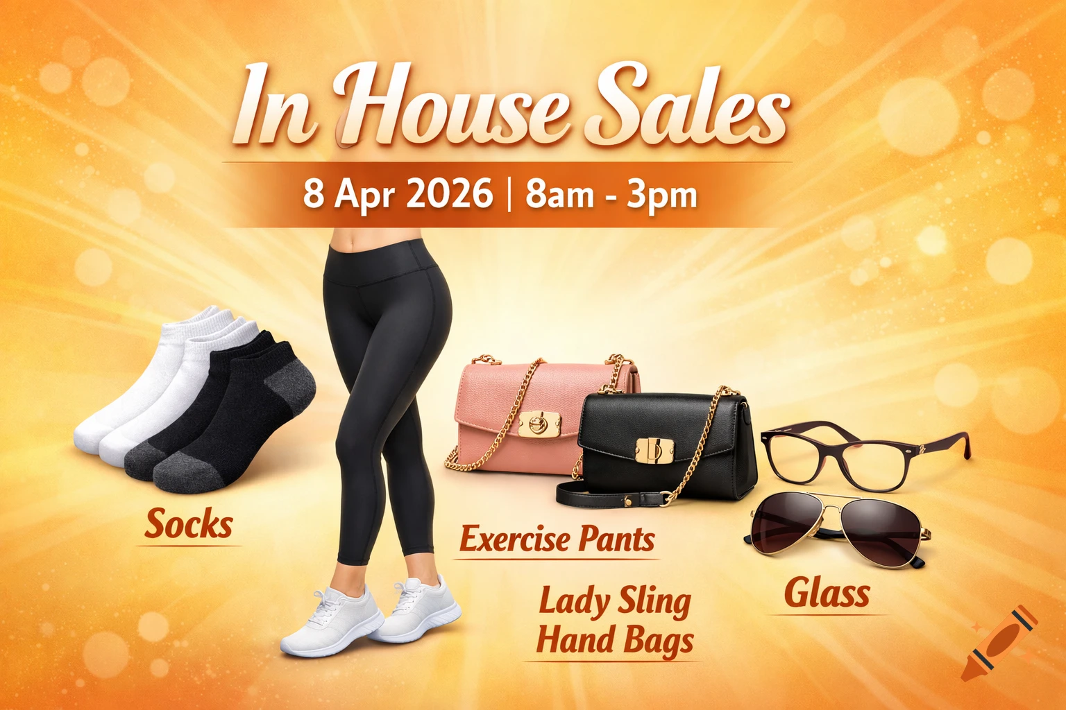 Sales poster with "In House Sales" text, featuring socks, exercise pants, two sling handbags, and two pairs of glasses.
