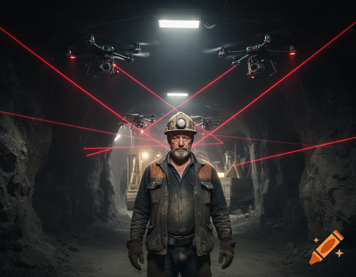 A middle-aged miner stands in a dark tunnel with several drones emitting red lasers overhead.