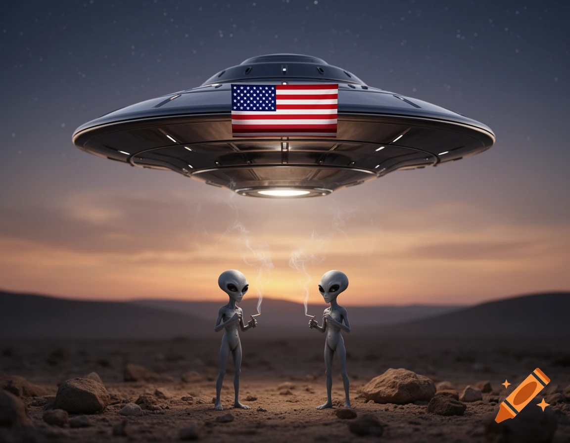 Photorealistic image of a UFO with an American flag hovering over two grey aliens smoking cigarettes in a desert at sunset.