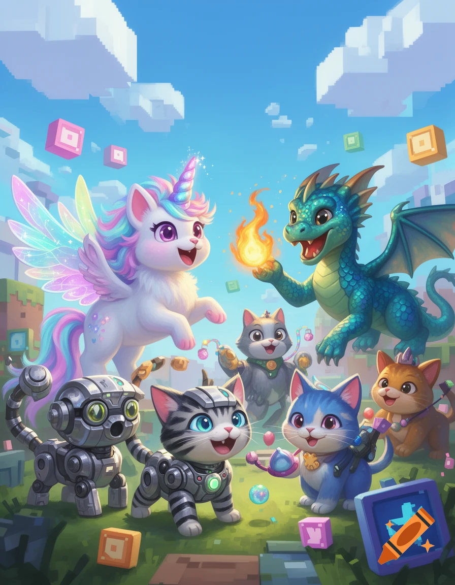 A cute winged unicorn, dragon, robot cats, and regular cats playing in a colorful, blocky, Minecraft-style world with floating cubes.