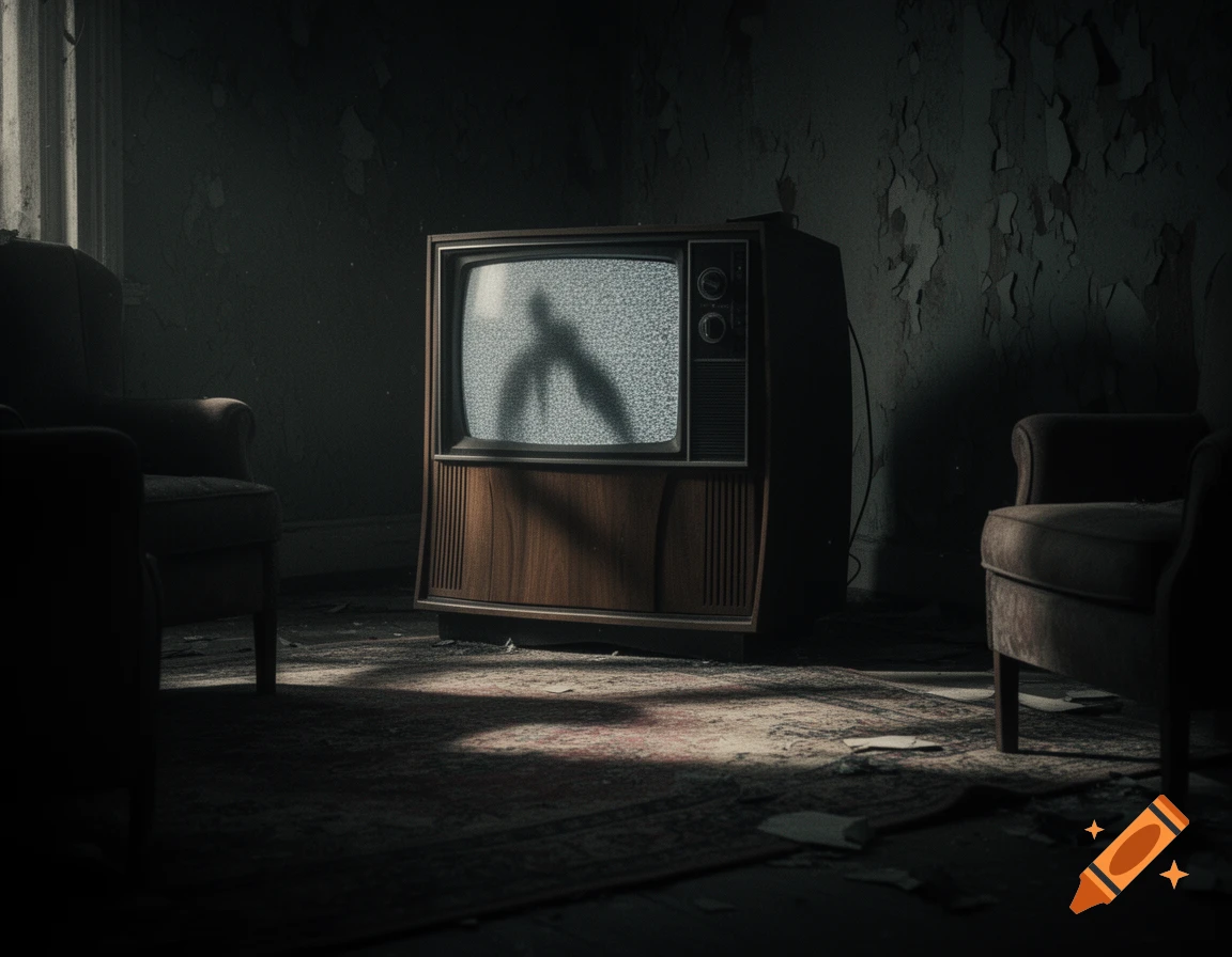 An old TV with a shadowy figure on static in a dark, dilapidated room with peeling walls, creating an eerie horror scene.