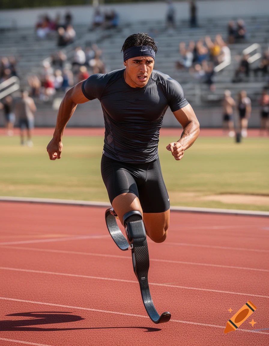 A male athlete with a prosthetic leg runs on a red track during a bright day.