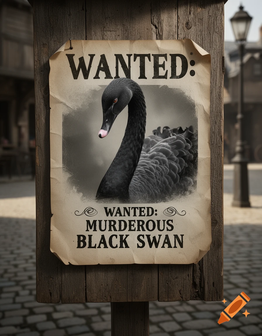 A wanted poster featuring a black swan with red eyes, nailed to a wooden post on a cobblestone street, with the text "WANTED: MURDEROUS BLACK SWAN".