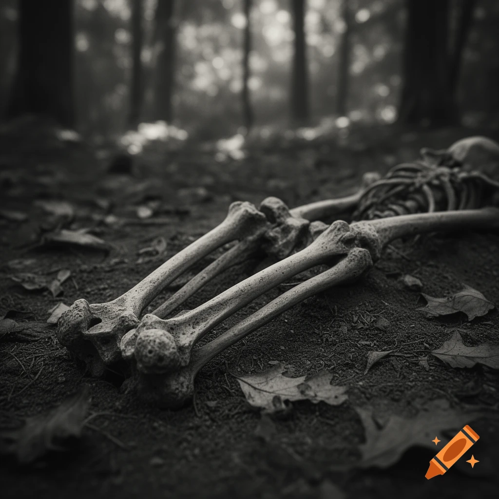 A black and white close-up photorealistic image of a human skeleton lying on a dirt forest floor with fallen leaves.