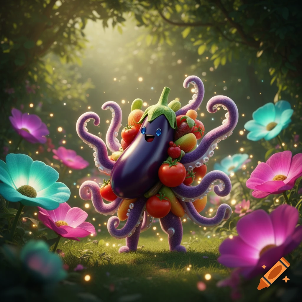 A whimsical cartoon eggplant-octopus character, holding fruits and vegetables, stands in a magical forest with glowing flowers.