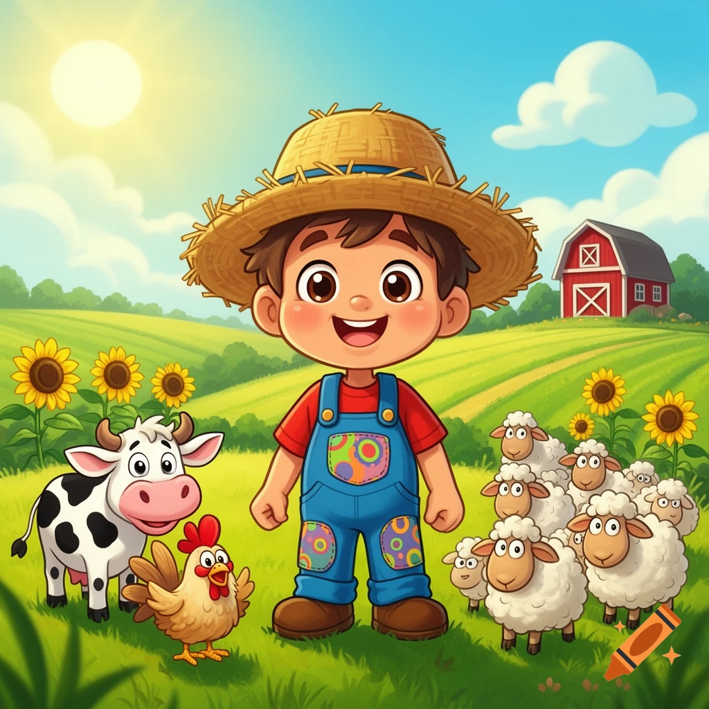 A cheerful cartoon boy in a straw hat and overalls stands with a cow, chicken, and sheep in a sunny farm field with sunflowers and a red barn.