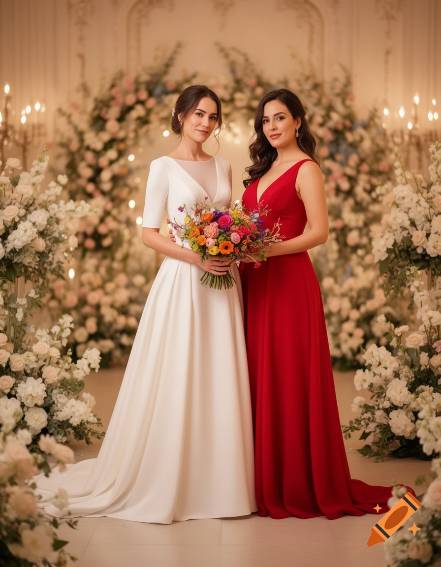 Two women, one in a white wedding dress with a colorful bouquet, and another in a red dress, stand elegantly in a flower-decorated wedding venue.
