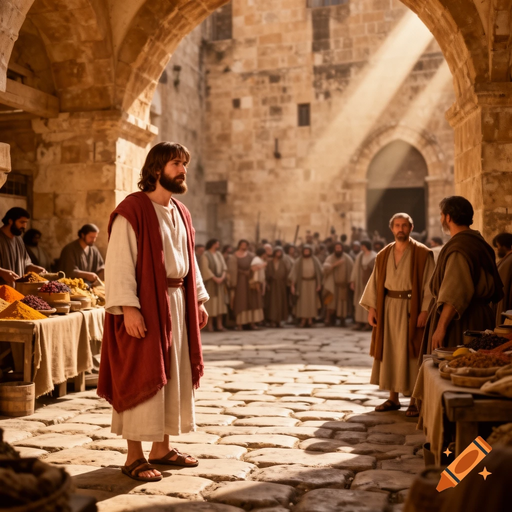 Jesus stands in a sunlit ancient marketplace with stone arches, market stalls, and a crowd.