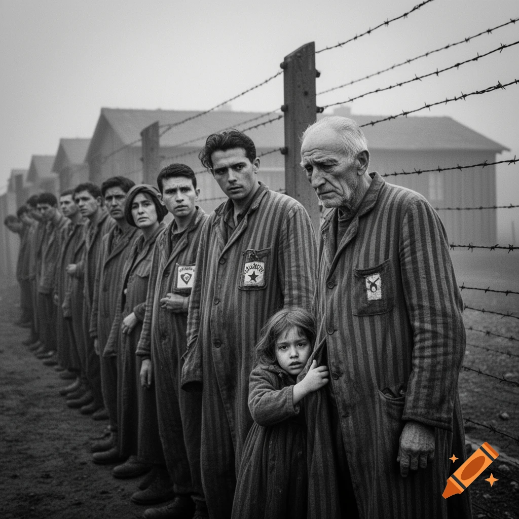Black and white photo of people in striped uniforms, including a child, standing in a line behind a barbed wire fence at a camp.
