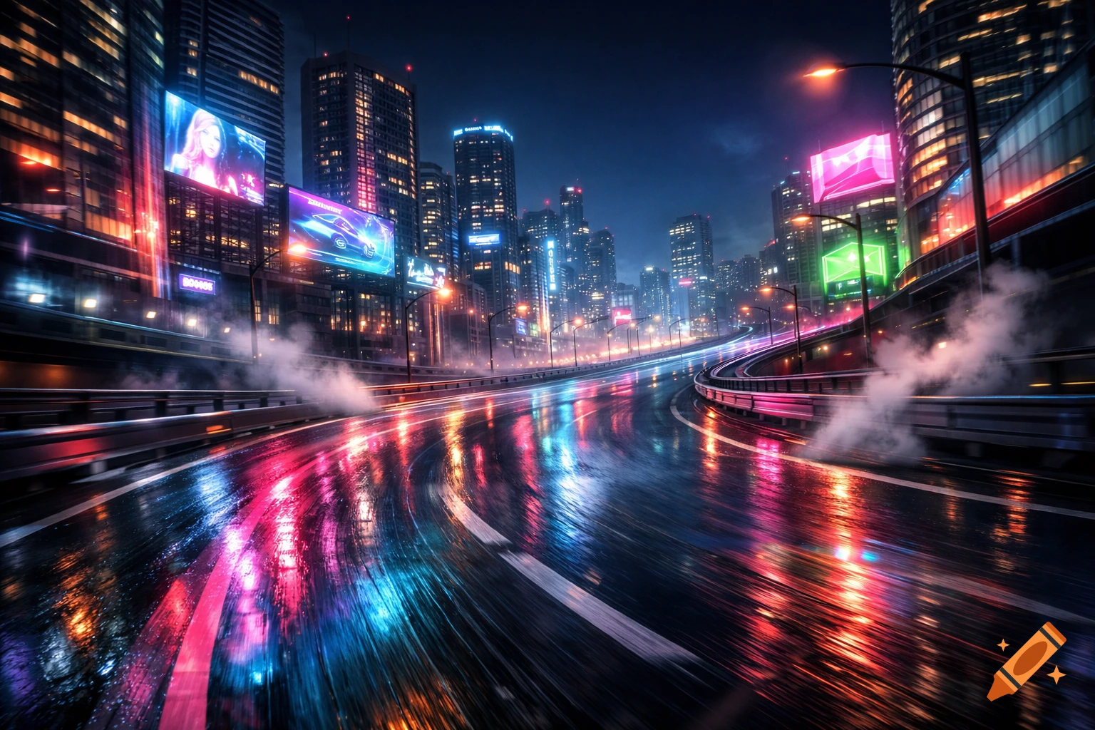 A vibrant night cityscape with neon-lit skyscrapers reflecting on a wet ...
