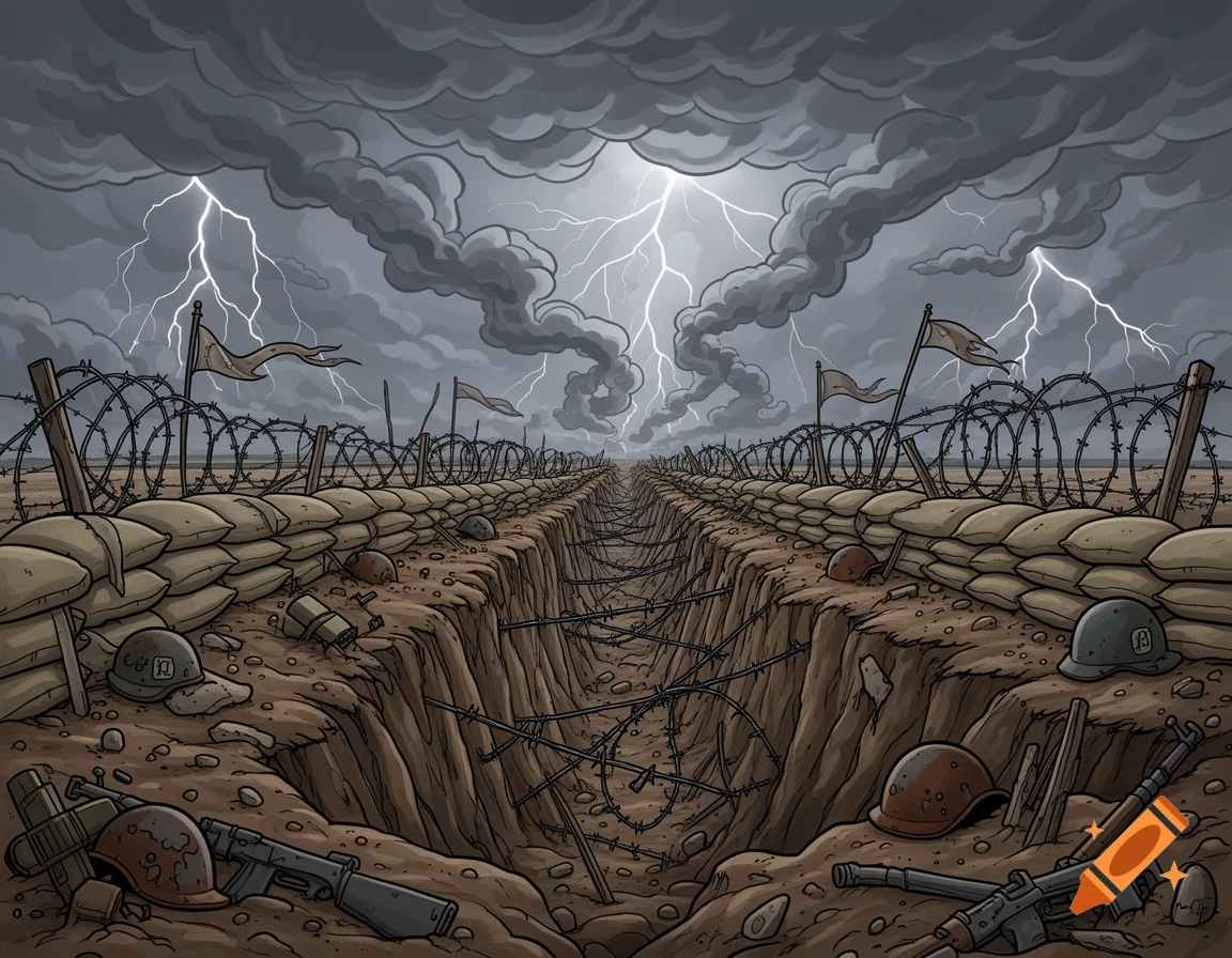 Cartoon-style war landscape with trenches, barbed wire, sandbags, and abandoned military gear under a dark, lightning-filled stormy sky.