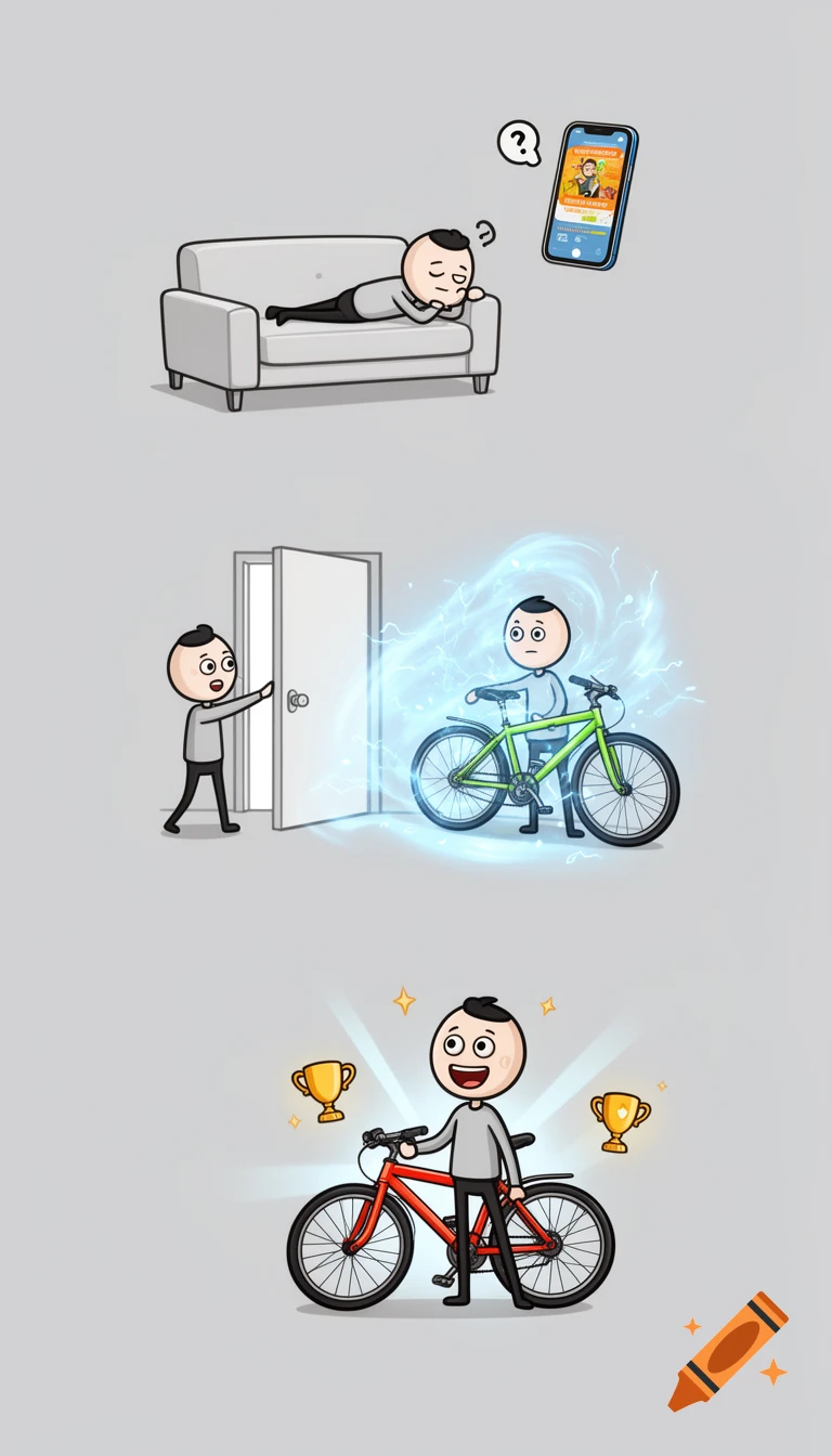 A three-panel cartoon showing a man transforming from lazy on a couch to an energetic cyclist. The first panel shows him on a couch looking at a phone, the second shows him finding a green bike, and the third shows him proudly holding a red bike with trophies.