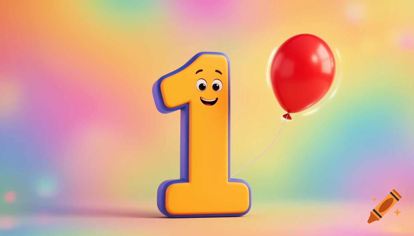 A cheerful cartoon number one, yellow with blue trim and a smiling face, holds a red balloon against a colorful gradient background.