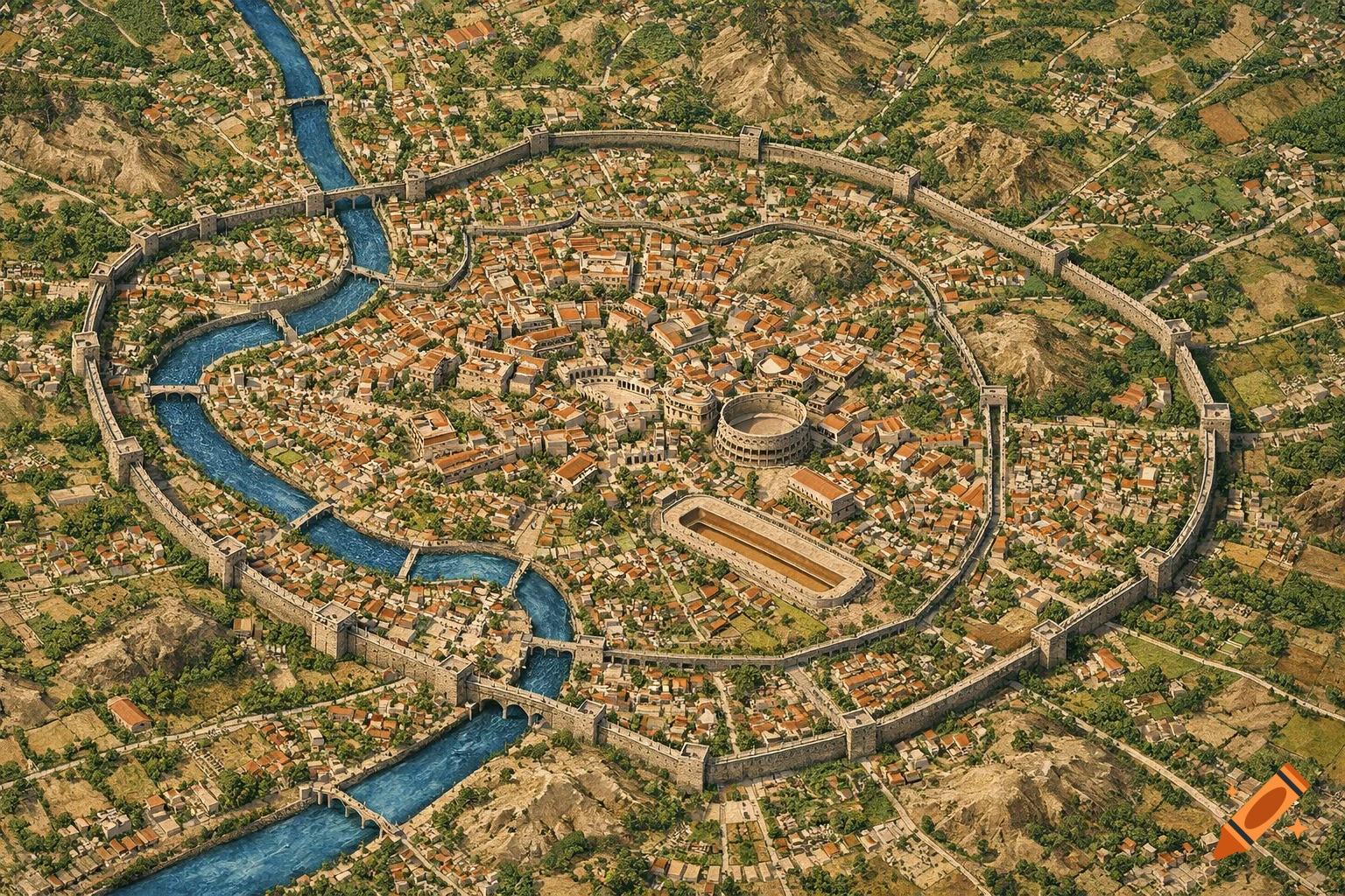 Aerial, map-style view of an ancient Roman city with a winding river, bridges, fortifications, an amphitheater, and various buildings.