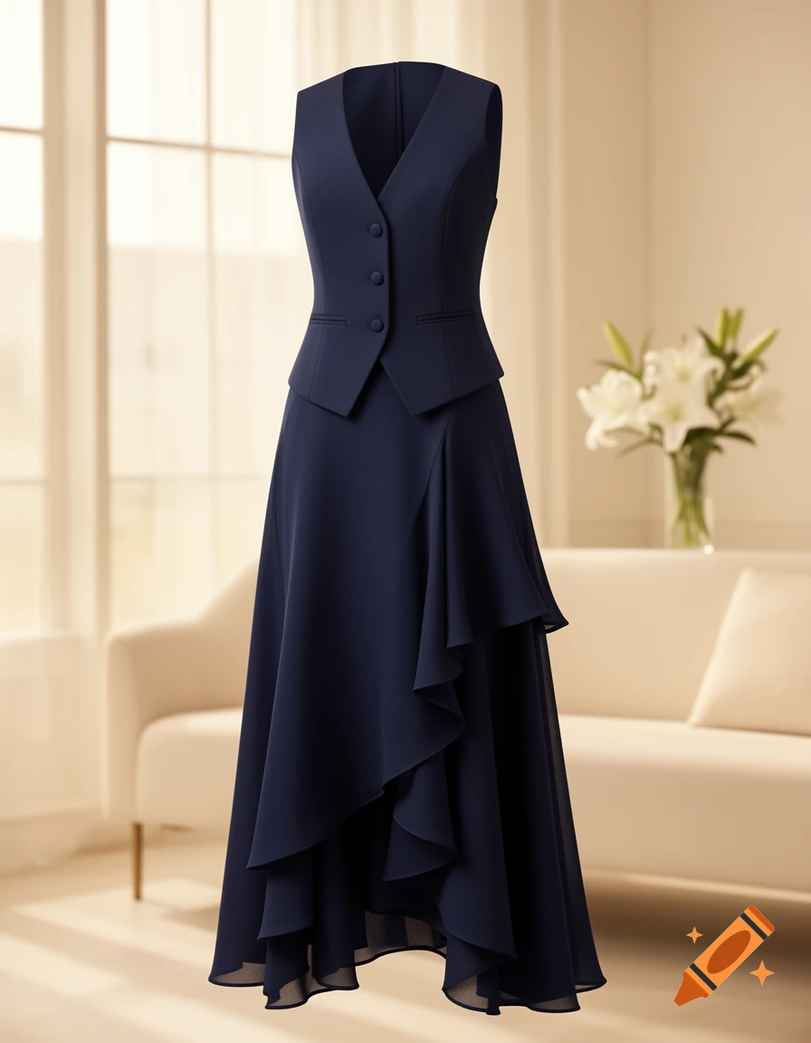 A navy blue sleeveless dress featuring a waistcoat top and an asymmetrical ruffled skirt, displayed in a bright room.