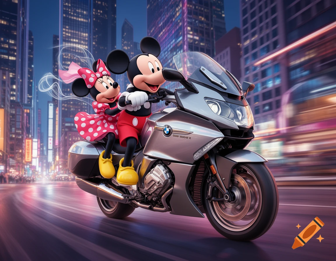 Mickey and Minnie Mouse ride a silver motorcycle through a vibrant city street at night in a cartoon style.